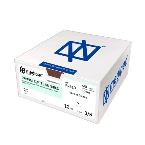 Profimed PR610 - шовный материал, мононить 6/0 45 см, игла 3/8 12 мм, изогнутая, обратно режущая, 24 шт. | MEDIPAC (Греция)