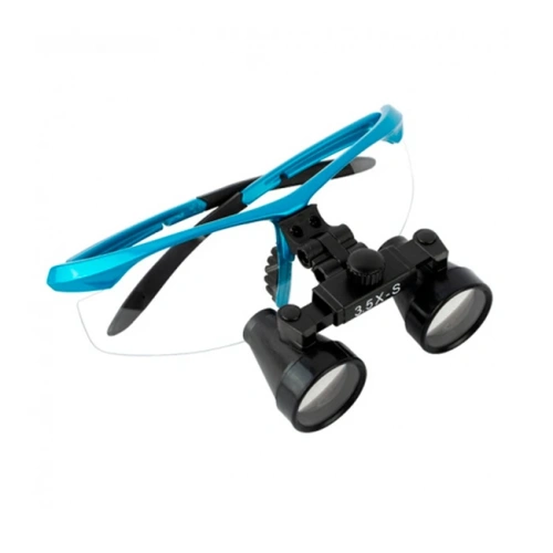CM3.5X + BP frame - бинокулярные лупы системы Flip-up на, увеличение 3.5x, усиленная спортивная оправа голубого цвета | Ymarda (Китай)