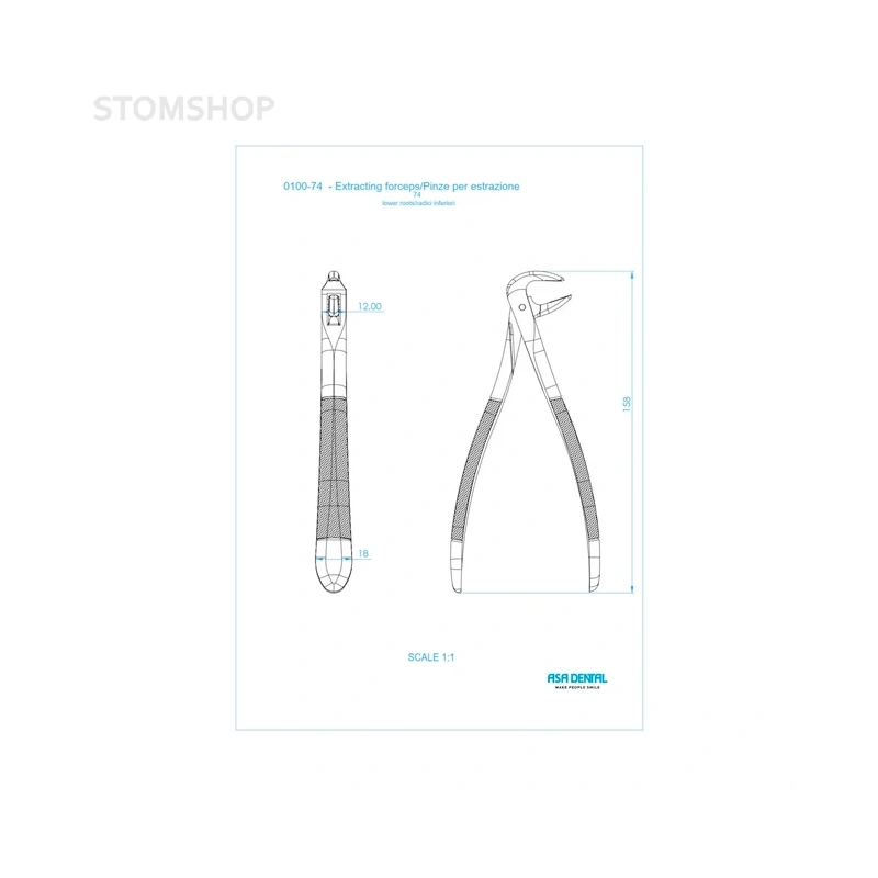 Щипцы N74 для удаления корней нижней челюсти, широкие | Asa Dental (Италия)