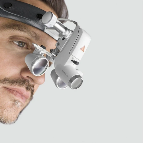 Heine ML4 LED HR 2.5x - налобный светодиодный осветитель ML4 LED в комплекте с бинокулярными лупами HR 2.5x с креплением i-View и защитным щитком S-Guard | Heine (Германия)