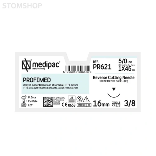 Profimed PR621 - шовный материал, мононить 5/0 45 см, игла 3/8 16 мм, изогнутая, обратно режущая, 24 шт. | MEDIPAC (Греция)