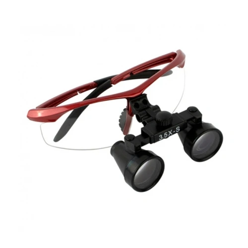 CM3.5X + BP frame - бинокулярные лупы системы Flip-up, увеличение 3.5x, усиленная спортивная оправа красного цвета | Ymarda (Китай)